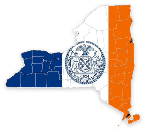 New York state map with NYC seal